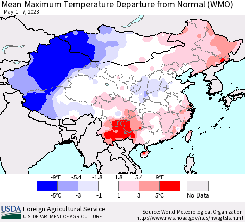 China, Mongolia and Taiwan Mean Maximum Temperature Departure from Normal (WMO) Thematic Map For 5/1/2023 - 5/7/2023
