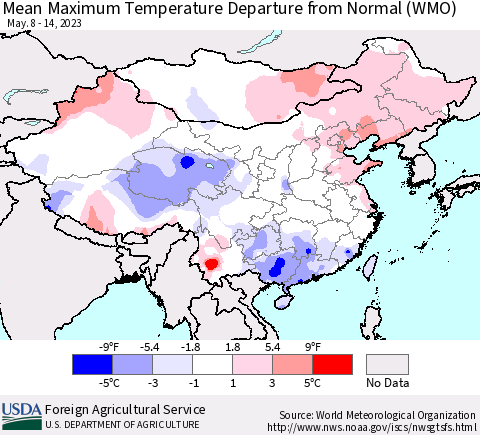 China, Mongolia and Taiwan Mean Maximum Temperature Departure from Normal (WMO) Thematic Map For 5/8/2023 - 5/14/2023