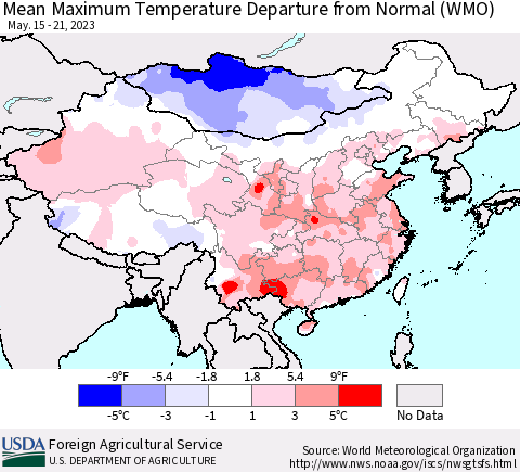China, Mongolia and Taiwan Mean Maximum Temperature Departure from Normal (WMO) Thematic Map For 5/15/2023 - 5/21/2023