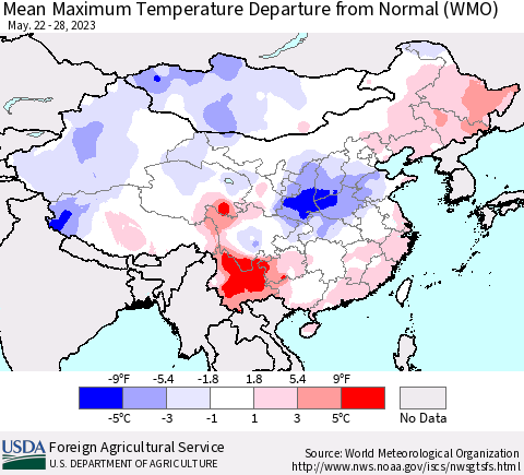 China, Mongolia and Taiwan Mean Maximum Temperature Departure from Normal (WMO) Thematic Map For 5/22/2023 - 5/28/2023