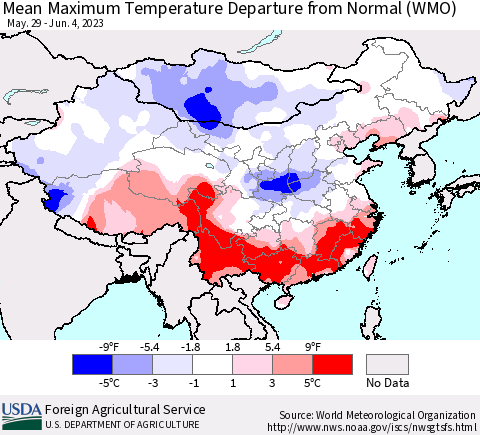 China, Mongolia and Taiwan Mean Maximum Temperature Departure from Normal (WMO) Thematic Map For 5/29/2023 - 6/4/2023