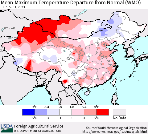 China, Mongolia and Taiwan Mean Maximum Temperature Departure from Normal (WMO) Thematic Map For 6/5/2023 - 6/11/2023