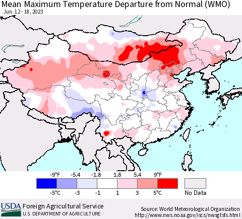 China, Mongolia and Taiwan Mean Maximum Temperature Departure from Normal (WMO) Thematic Map For 6/12/2023 - 6/18/2023