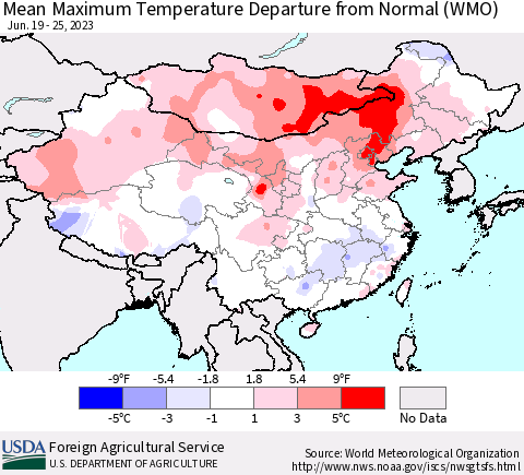 China, Mongolia and Taiwan Mean Maximum Temperature Departure from Normal (WMO) Thematic Map For 6/19/2023 - 6/25/2023