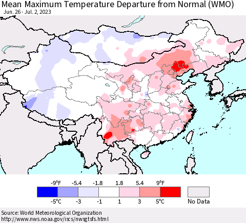 China, Mongolia and Taiwan Mean Maximum Temperature Departure from Normal (WMO) Thematic Map For 6/26/2023 - 7/2/2023