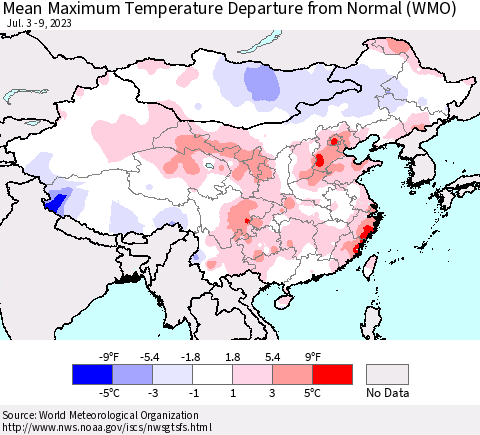 China, Mongolia and Taiwan Mean Maximum Temperature Departure from Normal (WMO) Thematic Map For 7/3/2023 - 7/9/2023