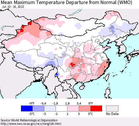 China, Mongolia and Taiwan Mean Maximum Temperature Departure from Normal (WMO) Thematic Map For 7/10/2023 - 7/16/2023