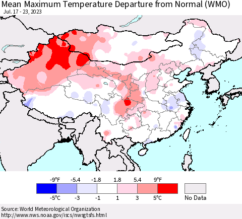 China, Mongolia and Taiwan Mean Maximum Temperature Departure from Normal (WMO) Thematic Map For 7/17/2023 - 7/23/2023