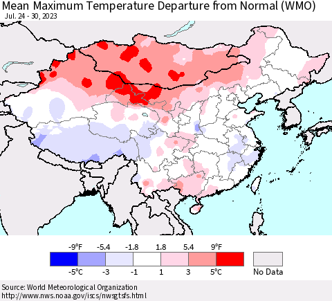 China, Mongolia and Taiwan Mean Maximum Temperature Departure from Normal (WMO) Thematic Map For 7/24/2023 - 7/30/2023