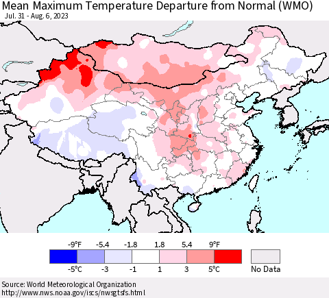 China, Mongolia and Taiwan Mean Maximum Temperature Departure from Normal (WMO) Thematic Map For 7/31/2023 - 8/6/2023