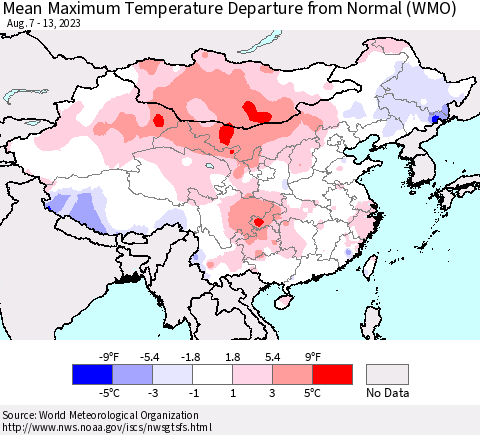 China, Mongolia and Taiwan Mean Maximum Temperature Departure from Normal (WMO) Thematic Map For 8/7/2023 - 8/13/2023