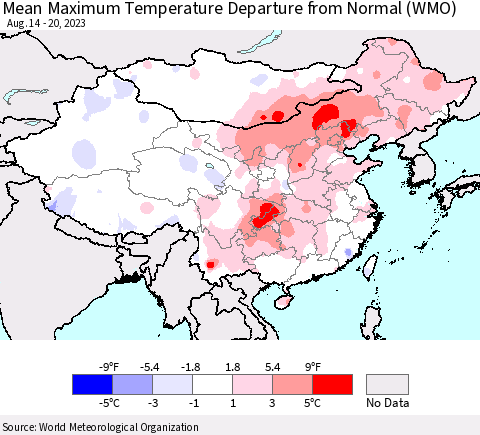 China, Mongolia and Taiwan Mean Maximum Temperature Departure from Normal (WMO) Thematic Map For 8/14/2023 - 8/20/2023
