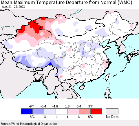 China, Mongolia and Taiwan Mean Maximum Temperature Departure from Normal (WMO) Thematic Map For 8/21/2023 - 8/27/2023