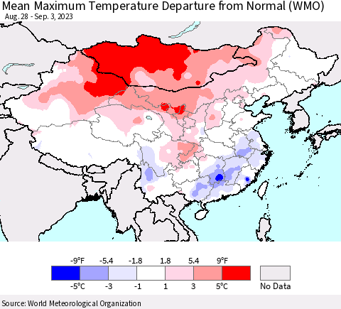 China, Mongolia and Taiwan Mean Maximum Temperature Departure from Normal (WMO) Thematic Map For 8/28/2023 - 9/3/2023