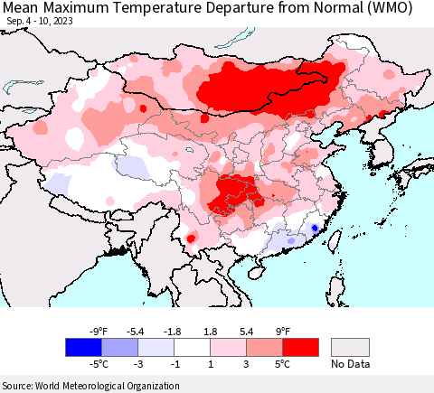 China, Mongolia and Taiwan Mean Maximum Temperature Departure from Normal (WMO) Thematic Map For 9/4/2023 - 9/10/2023