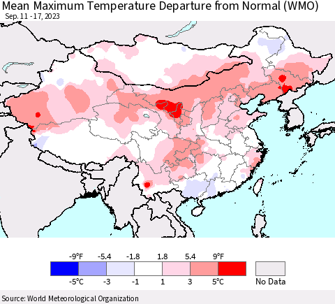 China, Mongolia and Taiwan Mean Maximum Temperature Departure from Normal (WMO) Thematic Map For 9/11/2023 - 9/17/2023