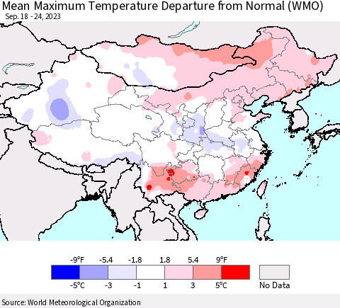 China, Mongolia and Taiwan Mean Maximum Temperature Departure from Normal (WMO) Thematic Map For 9/18/2023 - 9/24/2023
