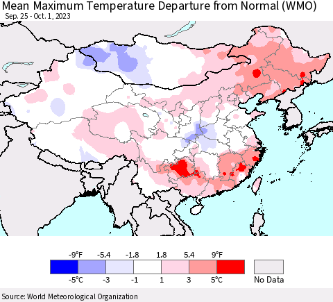China, Mongolia and Taiwan Mean Maximum Temperature Departure from Normal (WMO) Thematic Map For 9/25/2023 - 10/1/2023