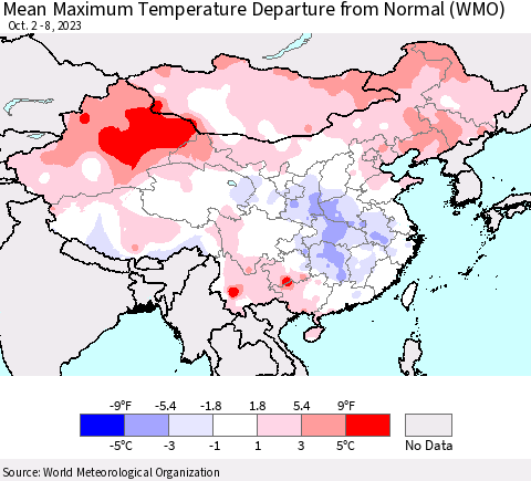 China, Mongolia and Taiwan Mean Maximum Temperature Departure from Normal (WMO) Thematic Map For 10/2/2023 - 10/8/2023