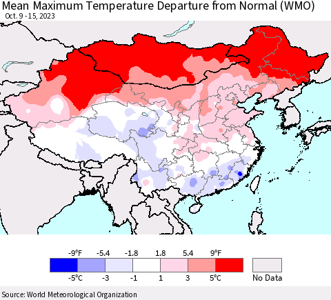 China, Mongolia and Taiwan Mean Maximum Temperature Departure from Normal (WMO) Thematic Map For 10/9/2023 - 10/15/2023