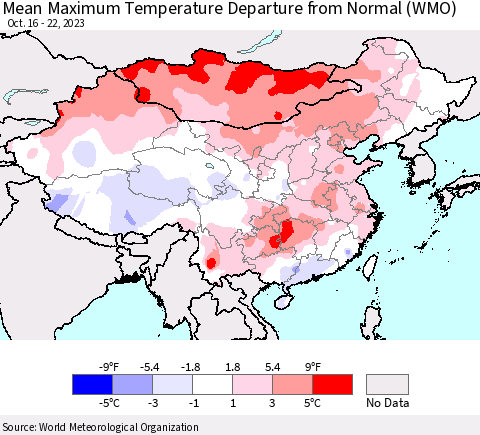 China, Mongolia and Taiwan Mean Maximum Temperature Departure from Normal (WMO) Thematic Map For 10/16/2023 - 10/22/2023
