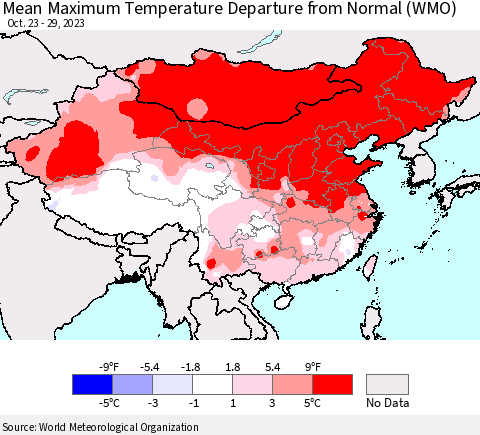 China, Mongolia and Taiwan Mean Maximum Temperature Departure from Normal (WMO) Thematic Map For 10/23/2023 - 10/29/2023