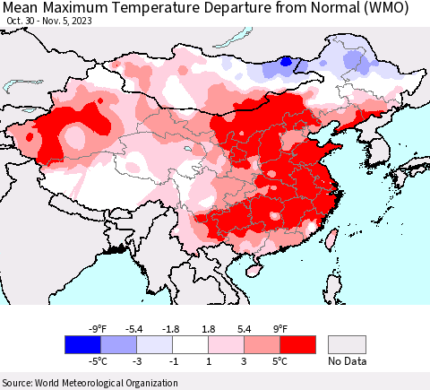 China, Mongolia and Taiwan Mean Maximum Temperature Departure from Normal (WMO) Thematic Map For 10/30/2023 - 11/5/2023
