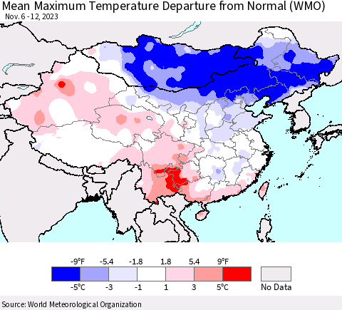 China, Mongolia and Taiwan Mean Maximum Temperature Departure from Normal (WMO) Thematic Map For 11/6/2023 - 11/12/2023