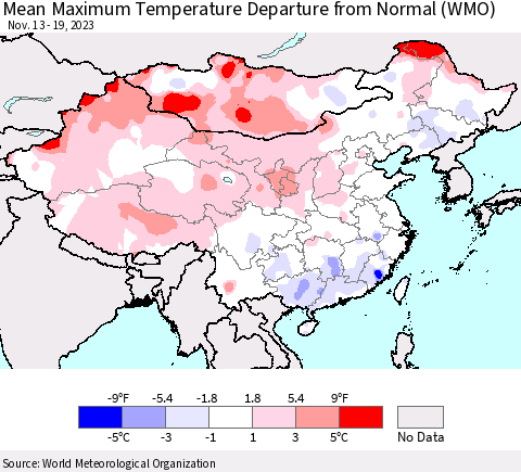 China, Mongolia and Taiwan Mean Maximum Temperature Departure from Normal (WMO) Thematic Map For 11/13/2023 - 11/19/2023