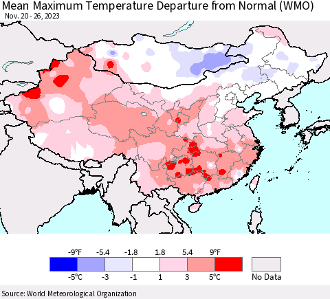 China, Mongolia and Taiwan Mean Maximum Temperature Departure from Normal (WMO) Thematic Map For 11/20/2023 - 11/26/2023