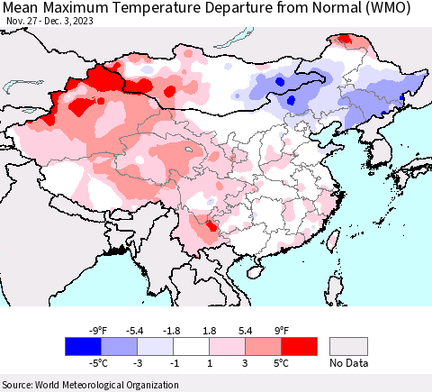 China, Mongolia and Taiwan Mean Maximum Temperature Departure from Normal (WMO) Thematic Map For 11/27/2023 - 12/3/2023