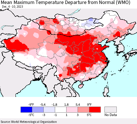 China, Mongolia and Taiwan Mean Maximum Temperature Departure from Normal (WMO) Thematic Map For 12/4/2023 - 12/10/2023