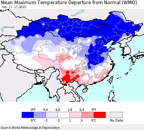 China, Mongolia and Taiwan Mean Maximum Temperature Departure from Normal (WMO) Thematic Map For 12/11/2023 - 12/17/2023
