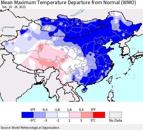 China, Mongolia and Taiwan Mean Maximum Temperature Departure from Normal (WMO) Thematic Map For 12/18/2023 - 12/24/2023