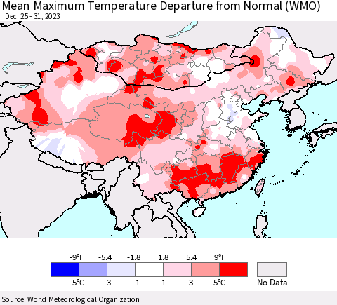 China, Mongolia and Taiwan Mean Maximum Temperature Departure from Normal (WMO) Thematic Map For 12/25/2023 - 12/31/2023