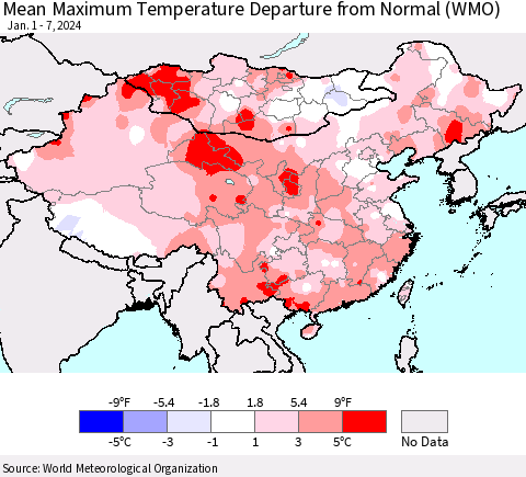 China, Mongolia and Taiwan Mean Maximum Temperature Departure from Normal (WMO) Thematic Map For 1/1/2024 - 1/7/2024