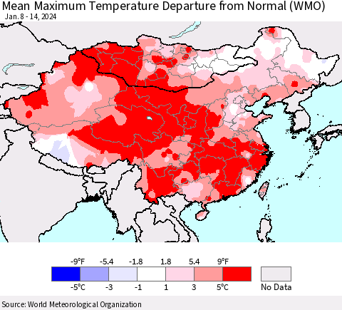 China, Mongolia and Taiwan Mean Maximum Temperature Departure from Normal (WMO) Thematic Map For 1/8/2024 - 1/14/2024