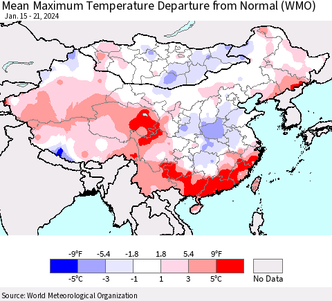 China, Mongolia and Taiwan Mean Maximum Temperature Departure from Normal (WMO) Thematic Map For 1/15/2024 - 1/21/2024