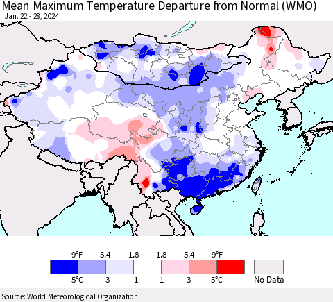 China, Mongolia and Taiwan Mean Maximum Temperature Departure from Normal (WMO) Thematic Map For 1/22/2024 - 1/28/2024