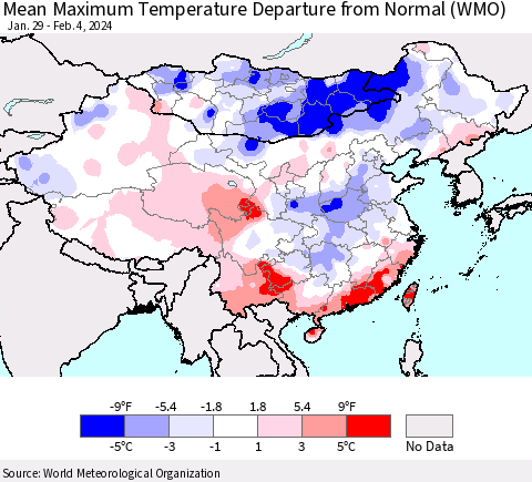 China, Mongolia and Taiwan Mean Maximum Temperature Departure from Normal (WMO) Thematic Map For 1/29/2024 - 2/4/2024