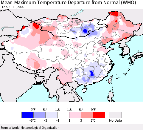 China, Mongolia and Taiwan Mean Maximum Temperature Departure from Normal (WMO) Thematic Map For 2/5/2024 - 2/11/2024