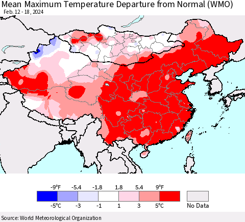 China, Mongolia and Taiwan Mean Maximum Temperature Departure from Normal (WMO) Thematic Map For 2/12/2024 - 2/18/2024
