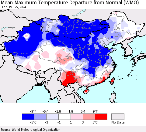 China, Mongolia and Taiwan Mean Maximum Temperature Departure from Normal (WMO) Thematic Map For 2/19/2024 - 2/25/2024