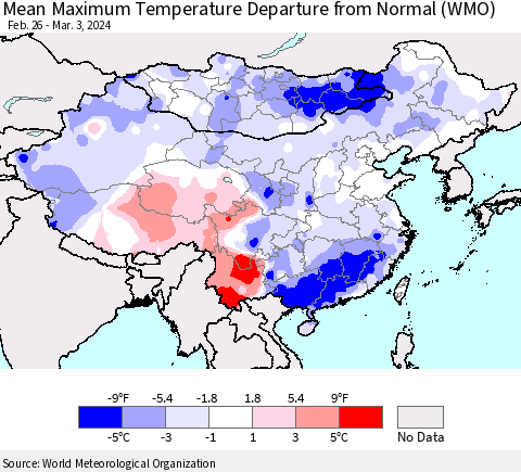China, Mongolia and Taiwan Mean Maximum Temperature Departure from Normal (WMO) Thematic Map For 2/26/2024 - 3/3/2024
