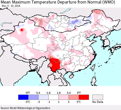 China, Mongolia and Taiwan Mean Maximum Temperature Departure from Normal (WMO) Thematic Map For 3/4/2024 - 3/10/2024