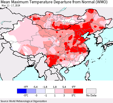 China, Mongolia and Taiwan Mean Maximum Temperature Departure from Normal (WMO) Thematic Map For 3/11/2024 - 3/17/2024