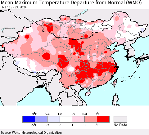 China, Mongolia and Taiwan Mean Maximum Temperature Departure from Normal (WMO) Thematic Map For 3/18/2024 - 3/24/2024