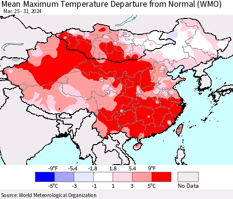 China, Mongolia and Taiwan Mean Maximum Temperature Departure from Normal (WMO) Thematic Map For 3/25/2024 - 3/31/2024