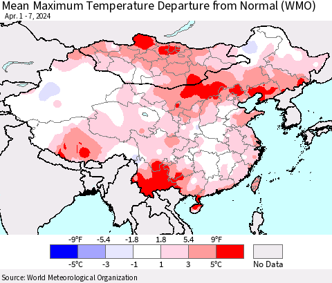 China, Mongolia and Taiwan Mean Maximum Temperature Departure from Normal (WMO) Thematic Map For 4/1/2024 - 4/7/2024