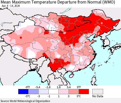 China, Mongolia and Taiwan Mean Maximum Temperature Departure from Normal (WMO) Thematic Map For 4/8/2024 - 4/14/2024